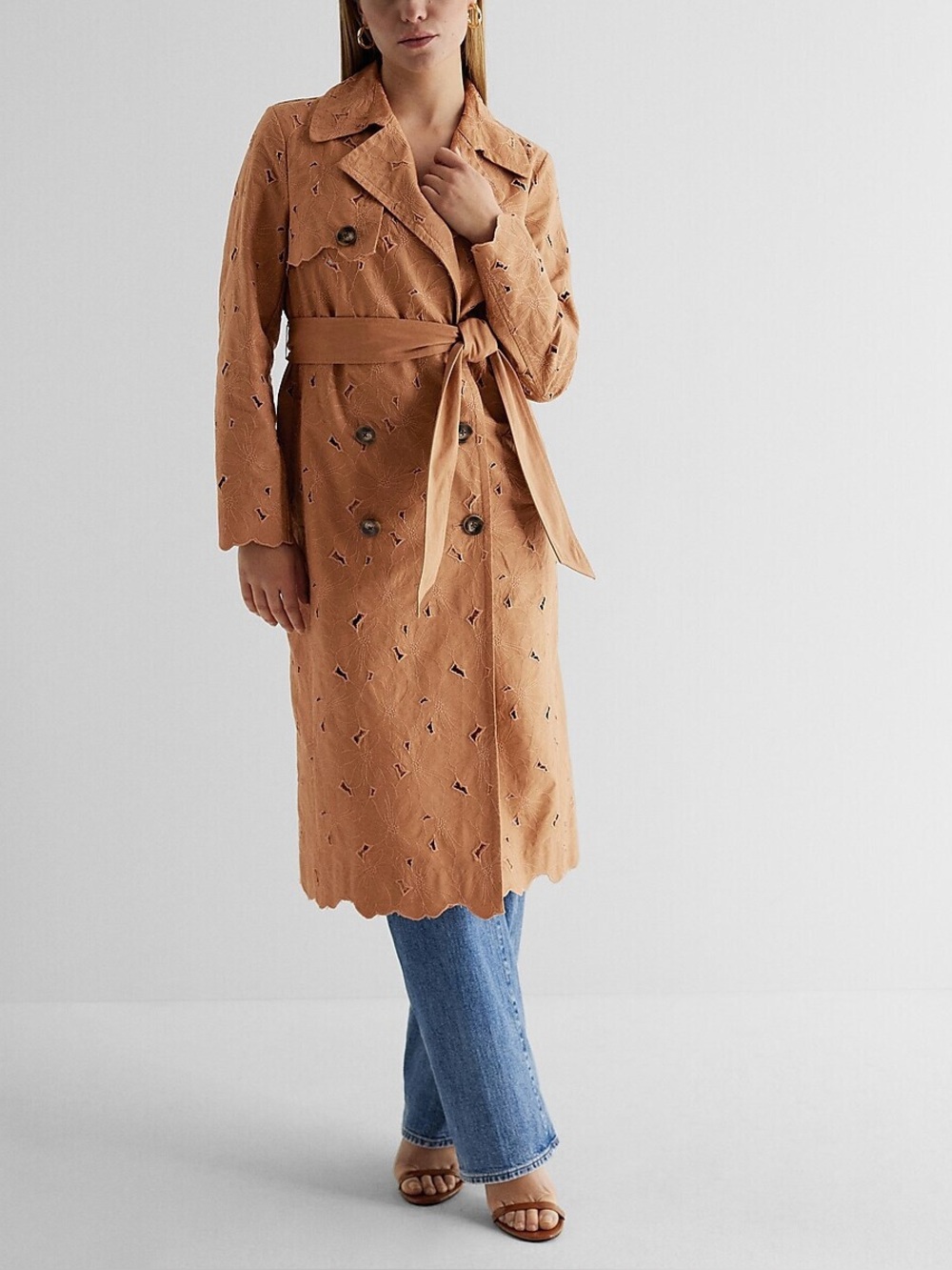 Express Pecan Floral Cut Out Belted Trench Coat